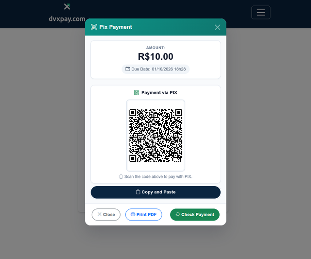 Tela de pagamento via PIX com QR Code gerado na plataforma